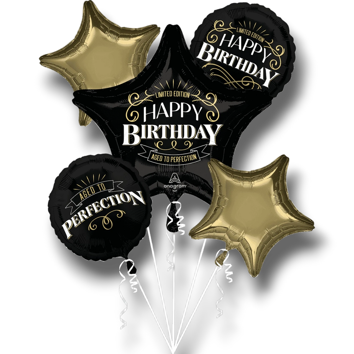 Balloon Bouquet Birthday Negro Dorado C/5