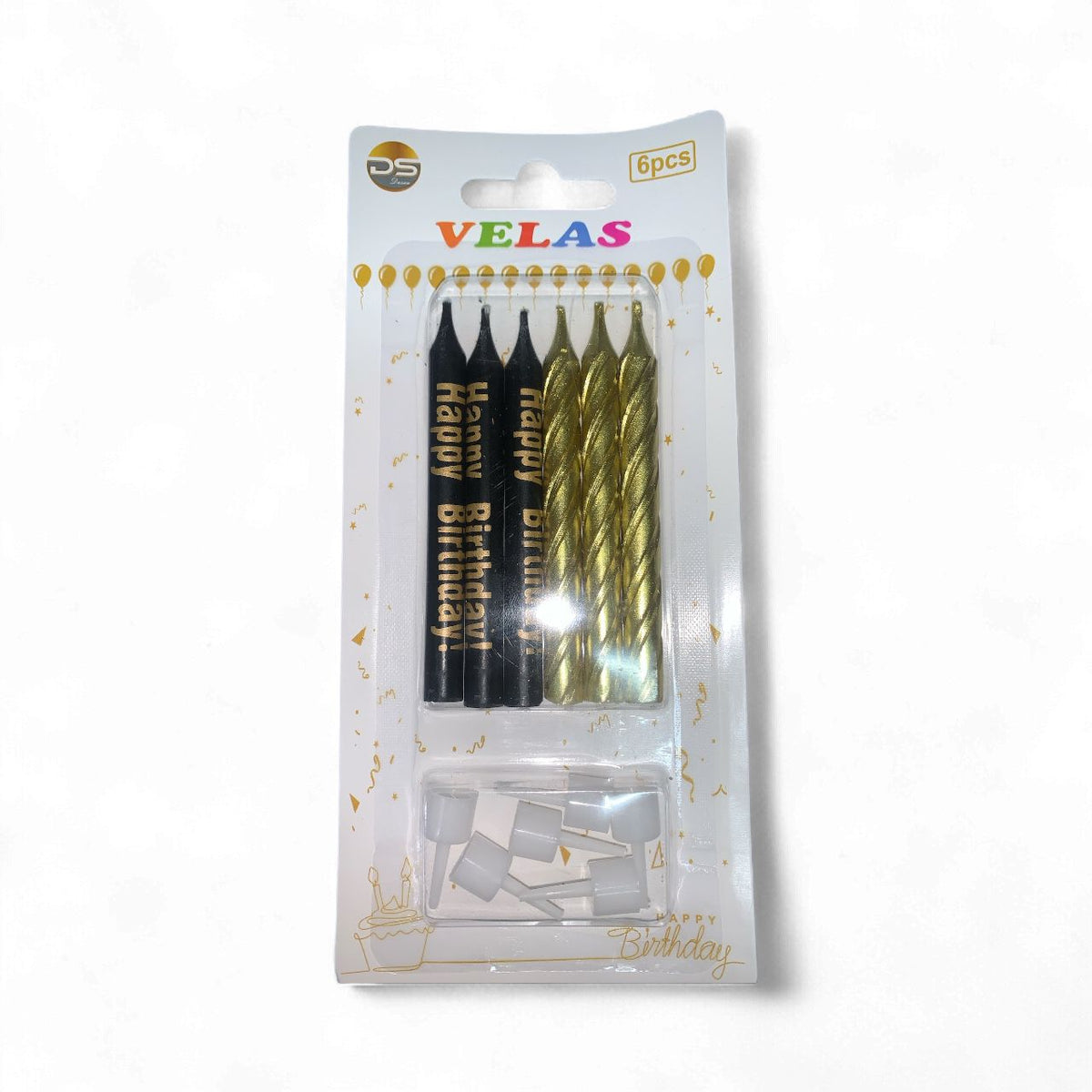 Velas Palillo Con Base Negro/Dorado C/6