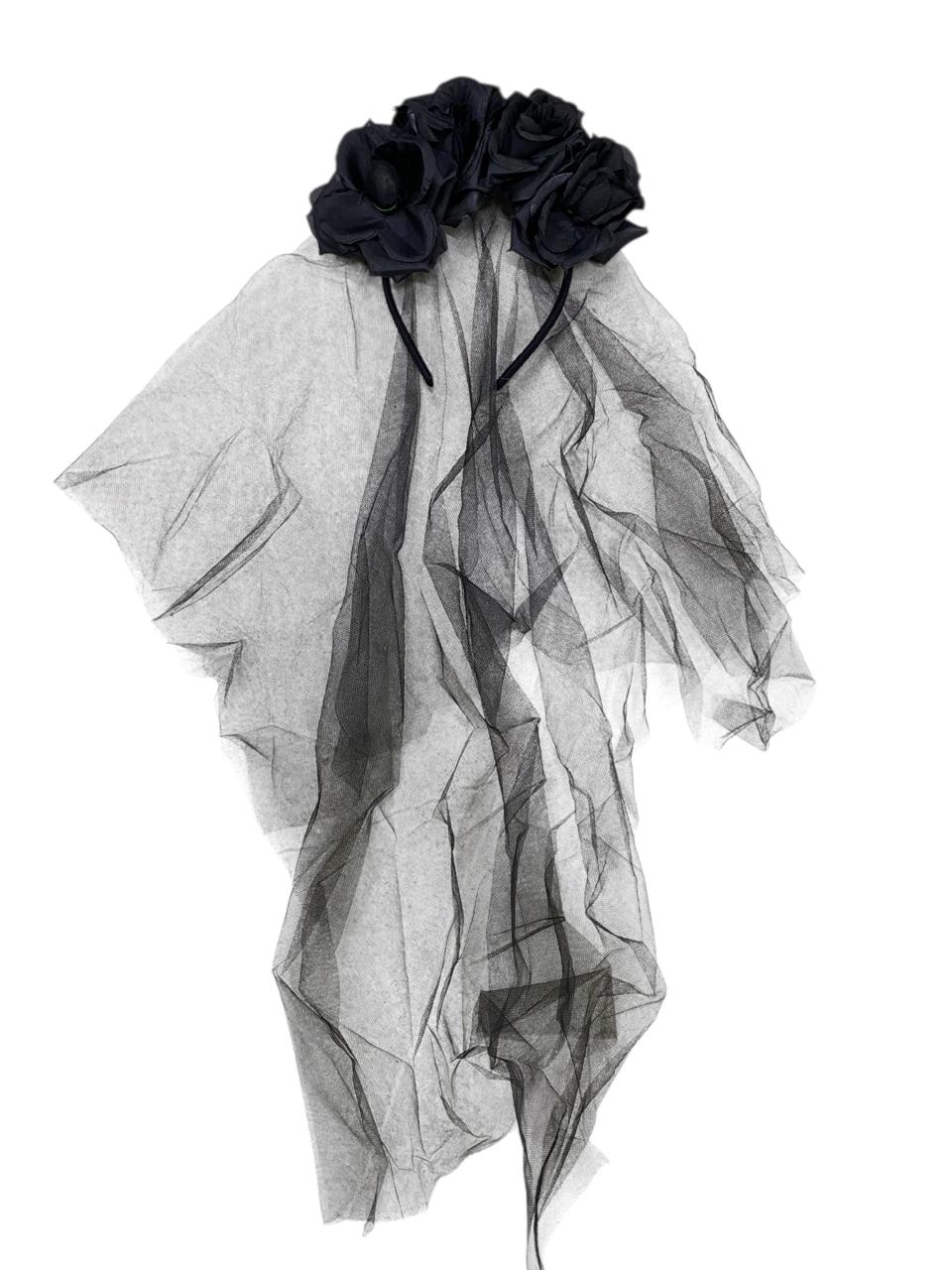 Diadema Catrina Flor Negra Velo Corto C/1