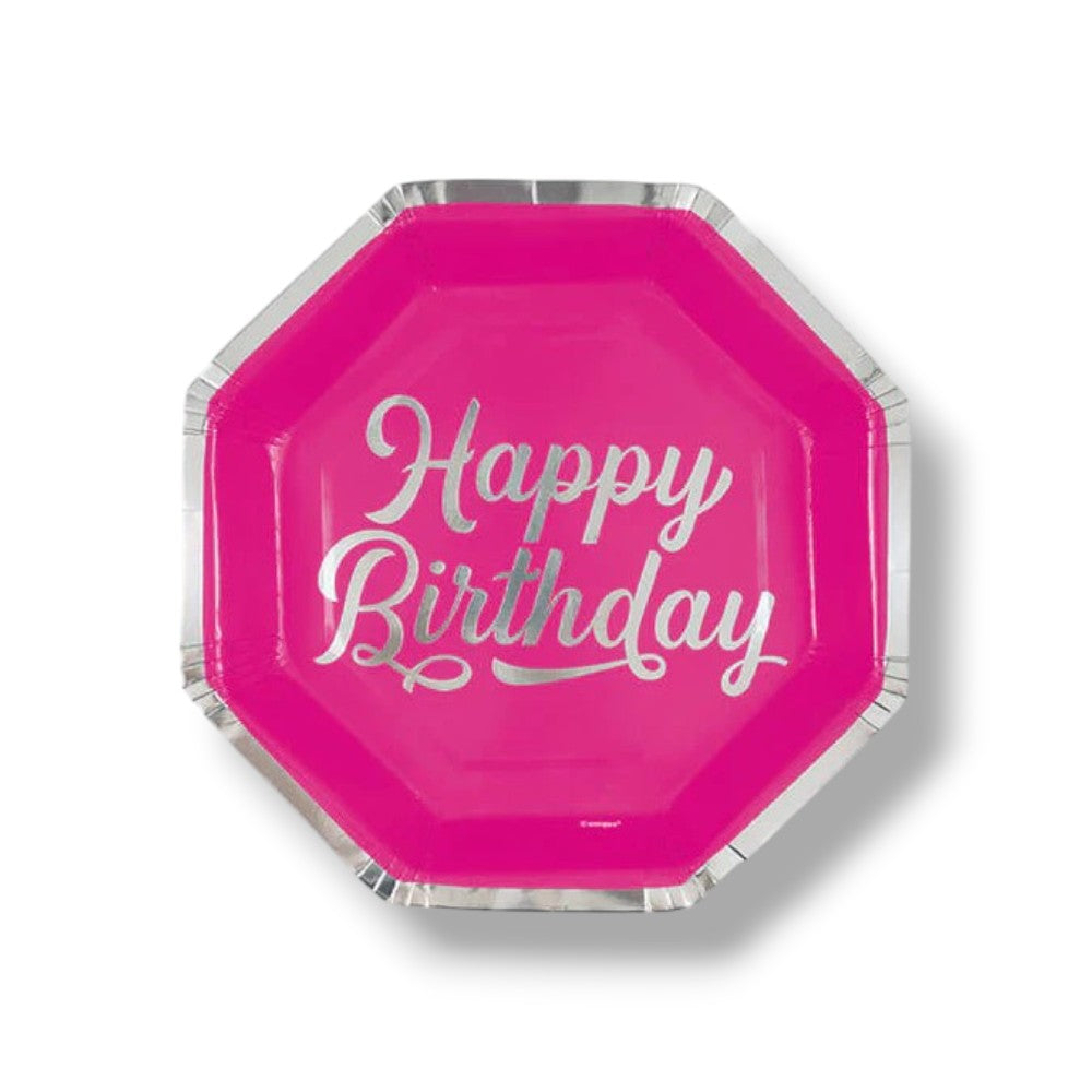 Plato Hexagonal  9" Silver & Bright Happy Birthday C/8