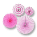 Set de 4 abanicos de papel decorativos PartyStore en tonos rosa con patrones de rayas y lunares