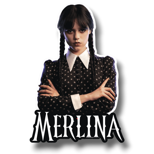 Adorno móvil de PartyStore con la figura de Merlina Addams vistiendo su icónico vestido negro con cuello blanco