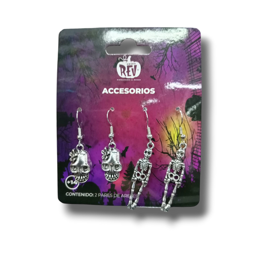 Aretes de esqueleto y calavera PartyStore en tono plateado para disfraz de Halloween