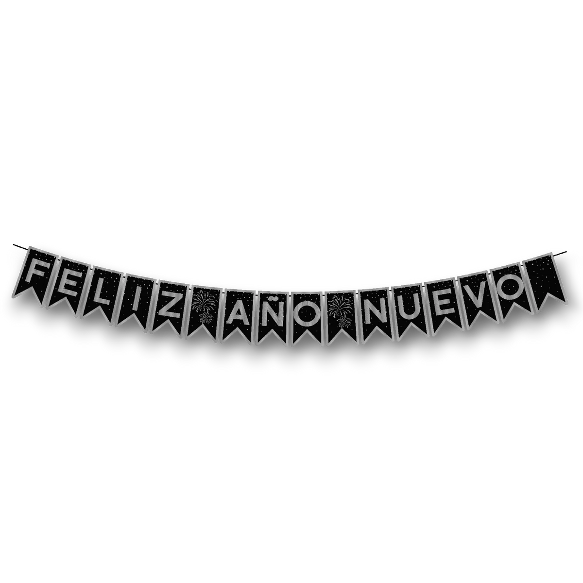 Banderín PartyStore de Feliz Año Nuevo en color negro con letras plateadas y detalles de fuegos artificiales