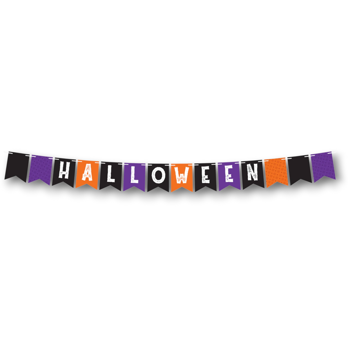 Banderín colgante PartyStore con letras HALLOWEEN en colores negro, naranja y morado con diseño de telarañas