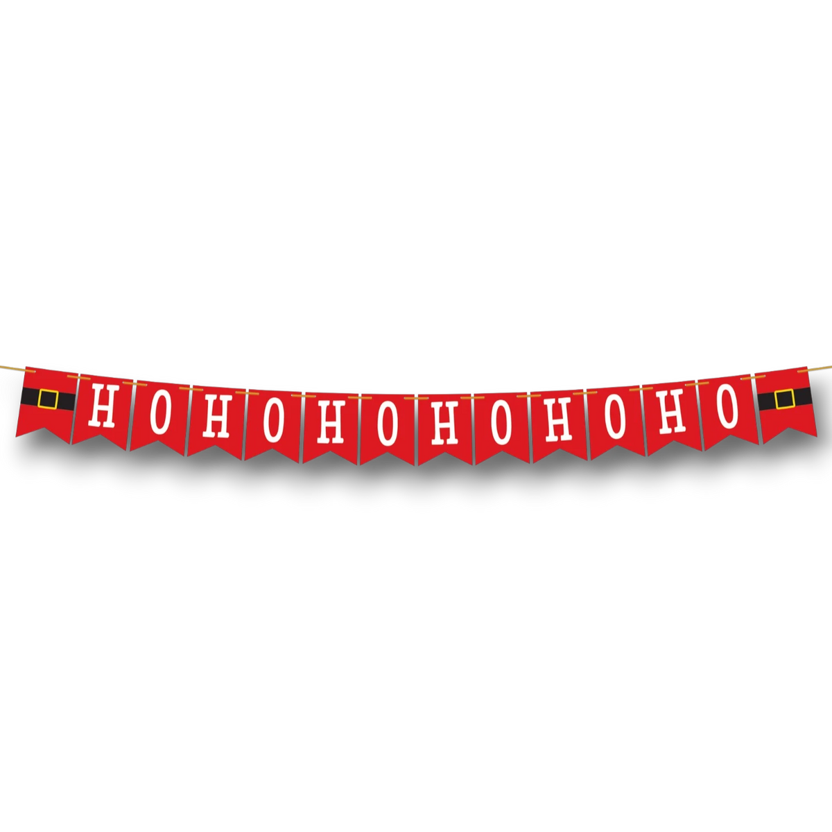 Banderín colgante navideño PartyStore con letras blancas HoHoHo sobre fondo rojo y detalles de cinturón de Santa