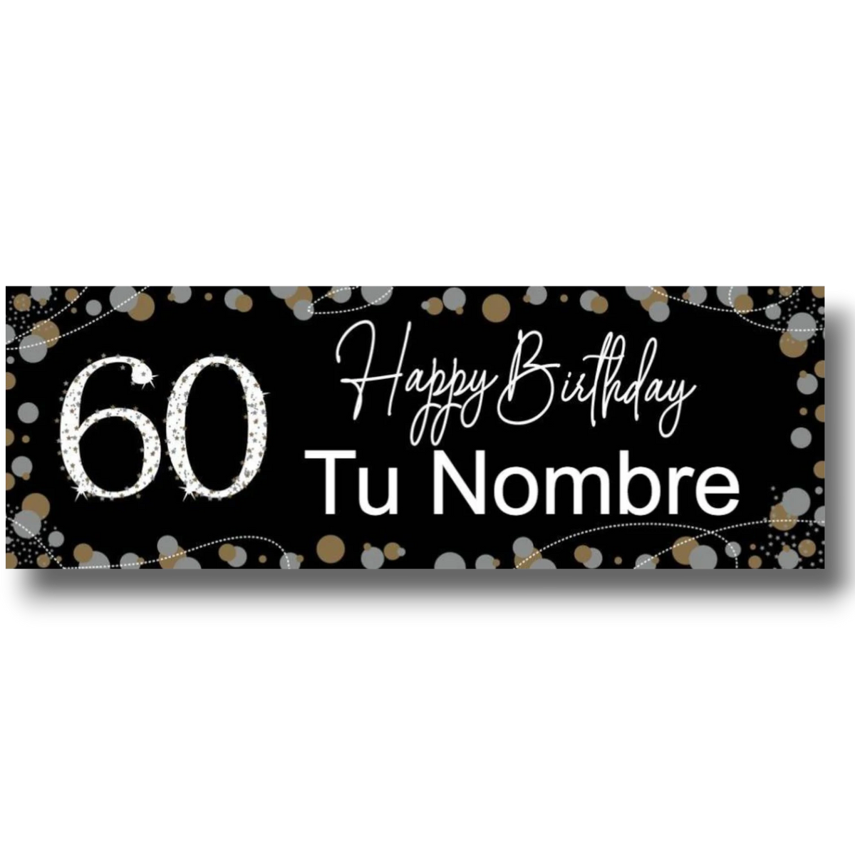 Banner de PartyStore para 60 cumpleaños personalizable con fondo negro, detalles en dorado y plateado y texto blanco