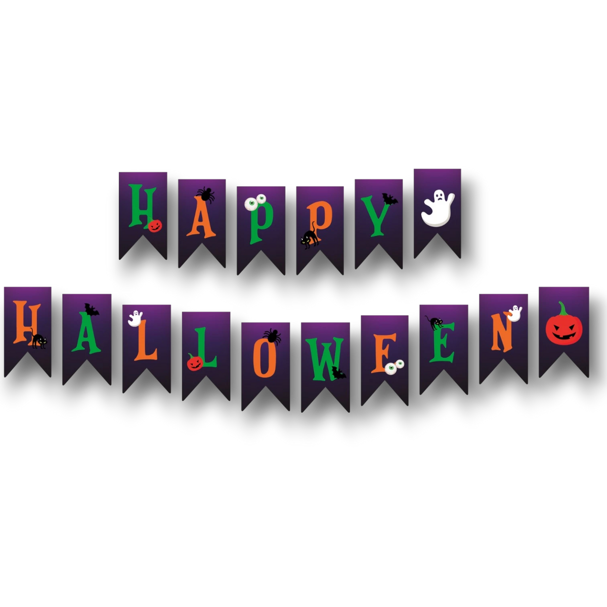 Banner de banderillas Happy Halloween de PartyStore con letras coloridas y decoraciones de fantasmas y calabazas