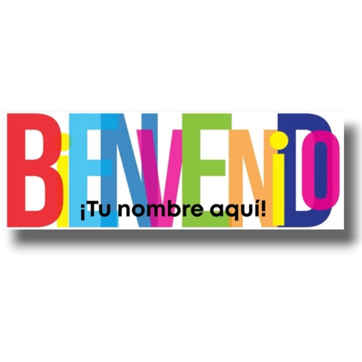 Banner de bienvenida personalizable PartyStore con letras coloridas y espacio para nombre sobre fondo blanco