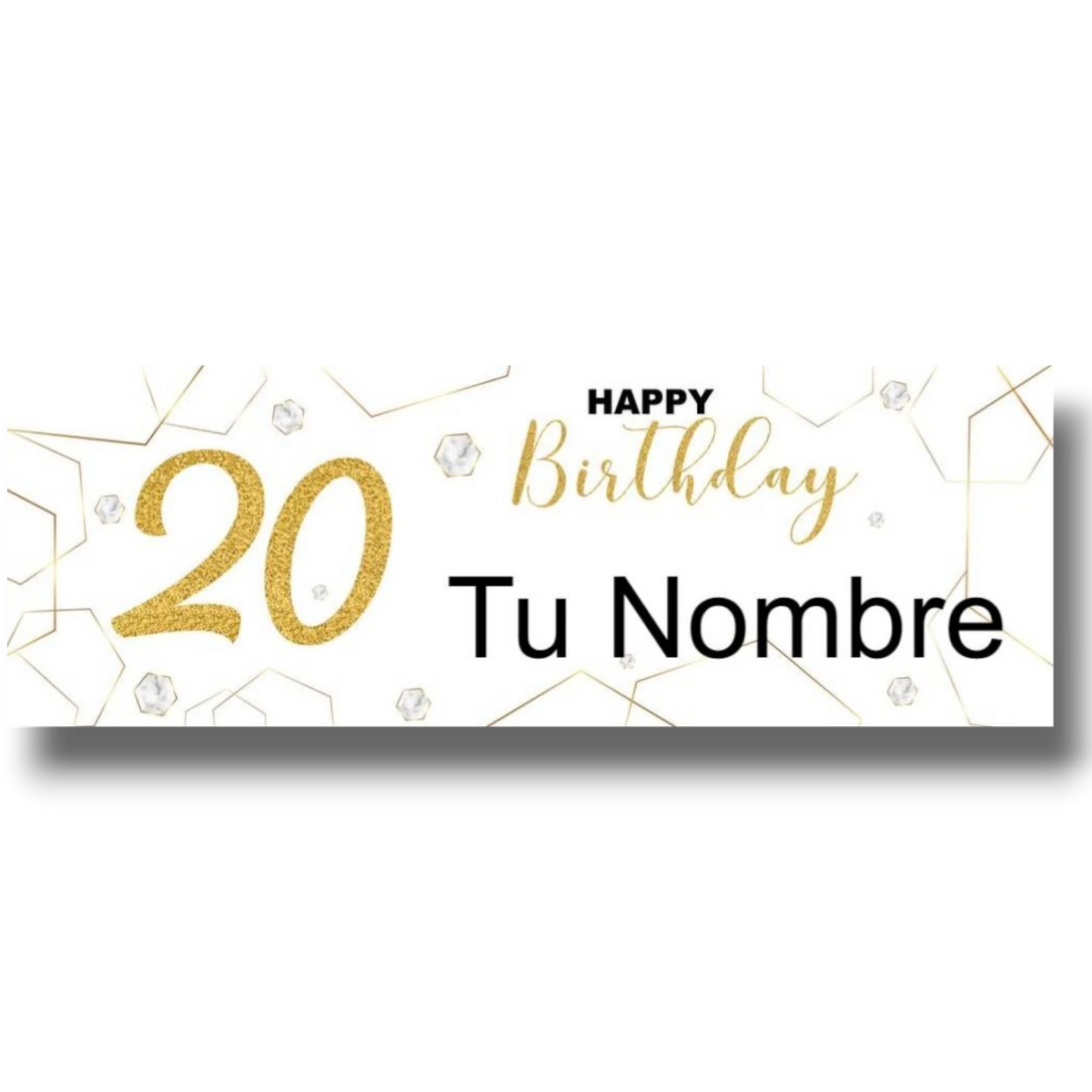 Banner de cumpleaños PartyStore personalizable con el número 20 en dorado brillante y detalles geométricos elegantes