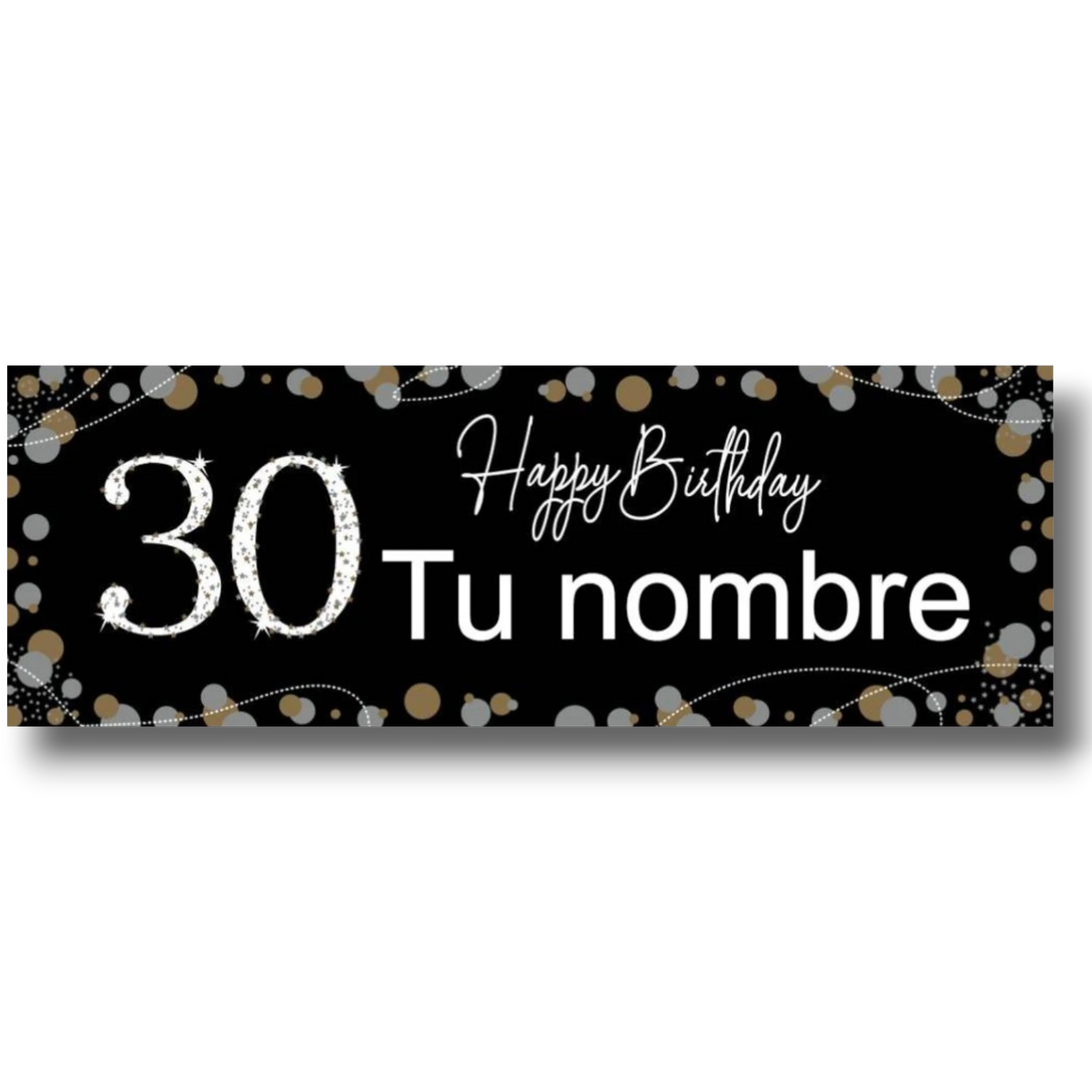Banner de cumpleaños PartyStore negro con el número 30 brillante, texto personalizable y confeti dorado y plateado.