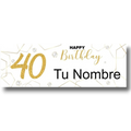Banner personalizable PartyStore para cumpleaños 40 con diseño elegante en blanco, dorado brillante y hexágonos