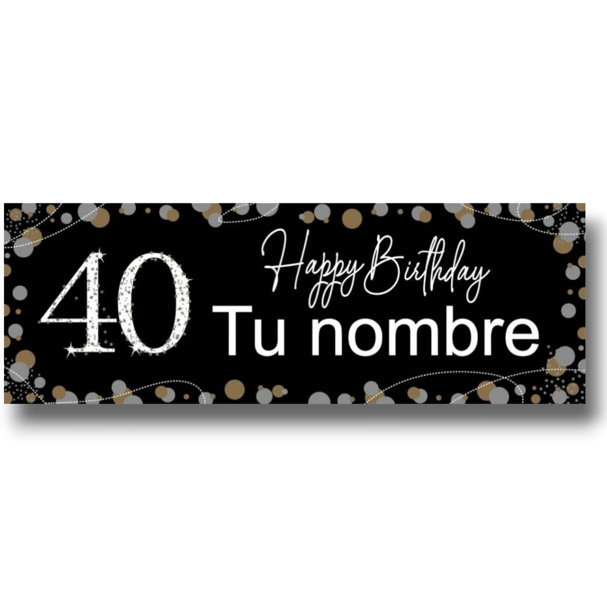 Banner de cumpleaños PartyStore negro con el número 40 brillante, texto personalizable y detalles de confeti