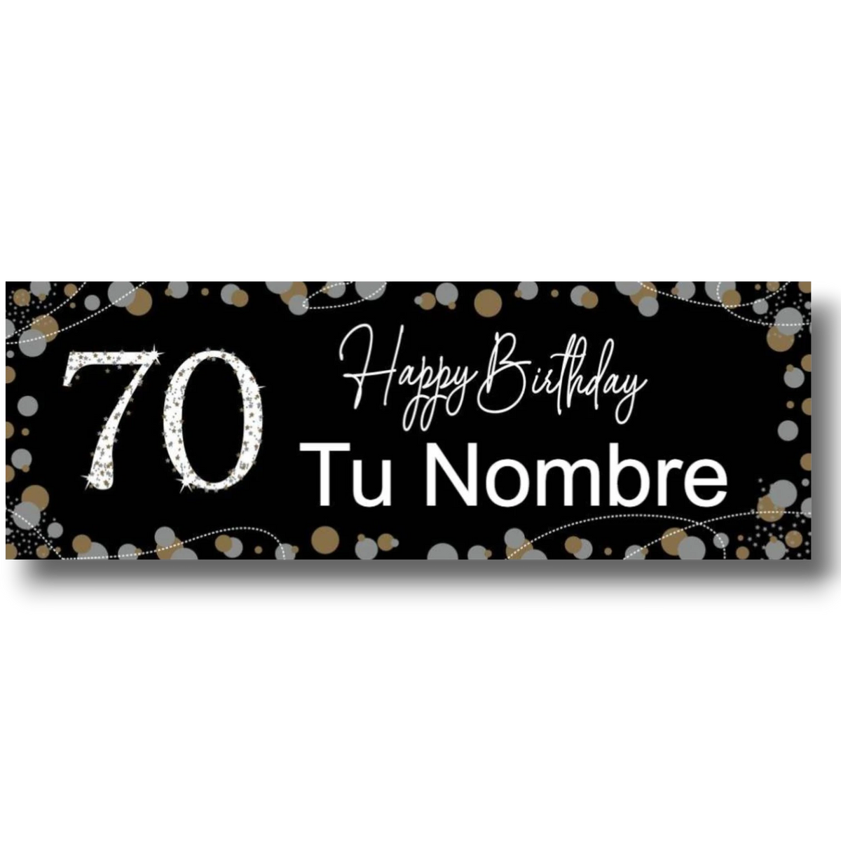 Banner de cumpleaños PartyStore para 70 años con fondo negro, detalles de confeti dorado y plateado y texto personalizable