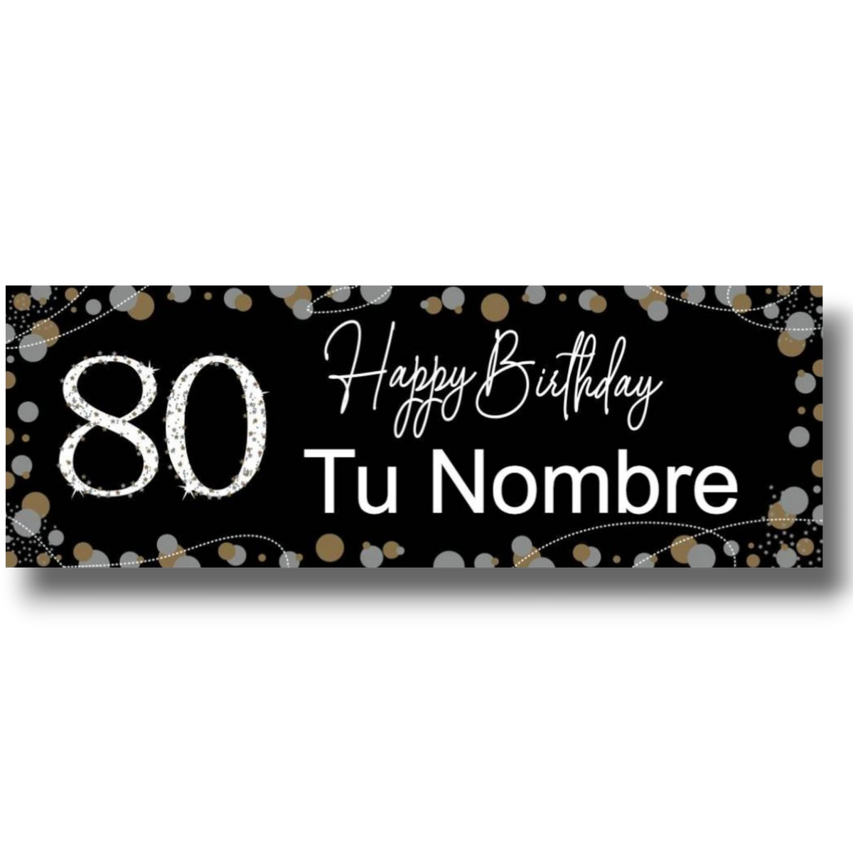 Banner de cumpleaños PartyStore negro con el número 80 en blanco y espacio personalizable para nombre