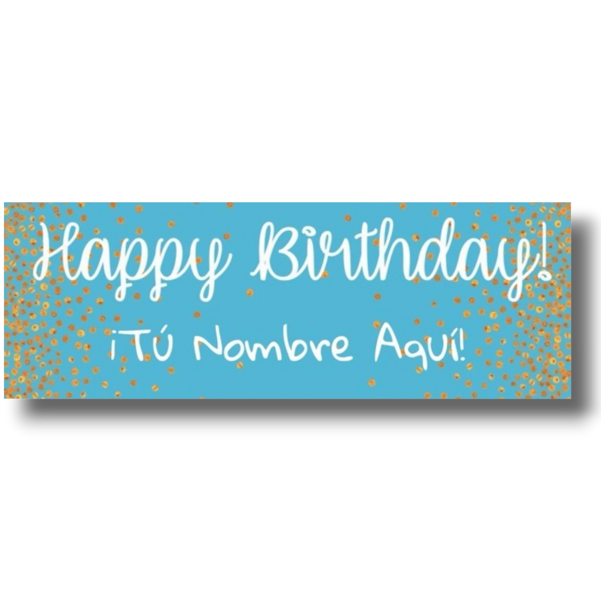 Banner de cumpleaños PartyStore azul con letras blancas y confeti dorado, personalizable con nombre