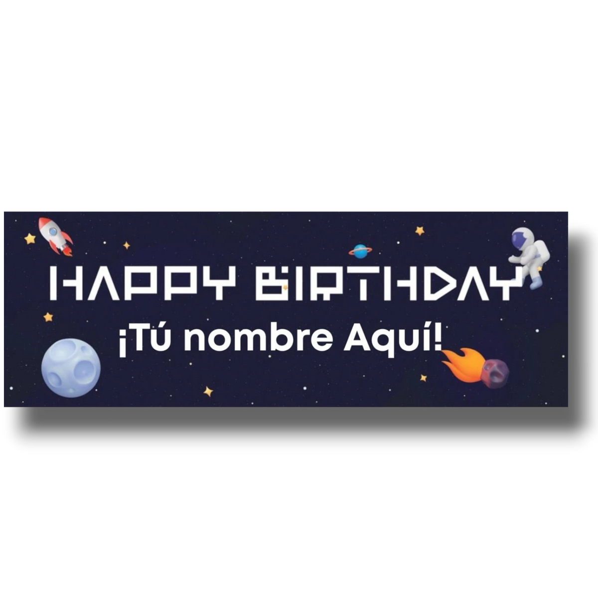 Banner Happy Birthday PartyStore con temática espacial, astronauta, cohete y estrellas sobre fondo de galaxia