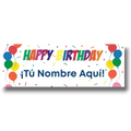 Banner de cumpleaños PartyStore con globos coloridos, confeti y espacio personalizable para nombre