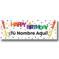 Banner de cumpleaños PartyStore personalizable con letras coloridas, cohetes y confeti sobre fondo blanco
