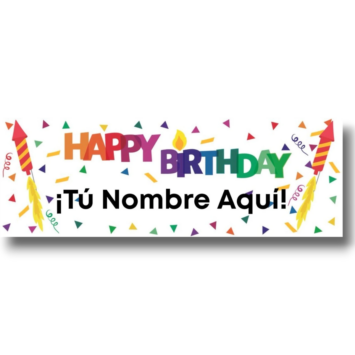 Banner de cumpleaños PartyStore personalizable con letras coloridas, cohetes y confeti sobre fondo blanco