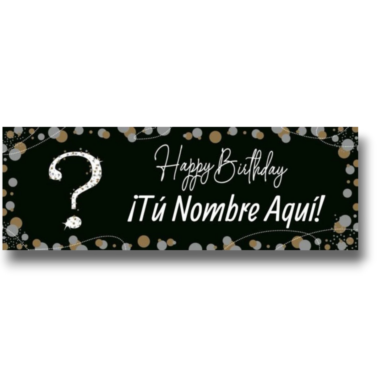 Banner de cumpleaños PartyStore personalizable con fondo negro, confeti dorado y plateado y signo de interrogación