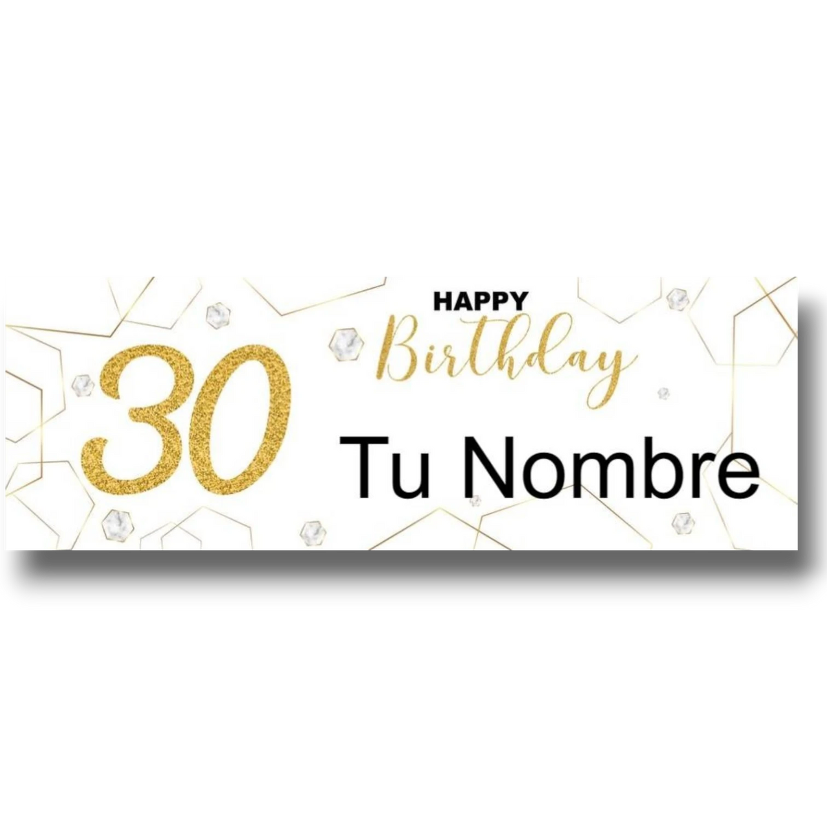 Banner de cumpleaños PartyStore personalizable con el número 30 en purpurina dorada y detalles geométricos elegantes.