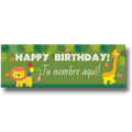 Banner de PartyStore con temática safari, animales de la selva, globos y texto personalizable de Feliz Cumpleaños