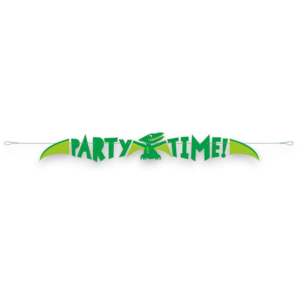 Banner decorativo PartyStore con diseño de dinosaurio verde y azul y el texto Party Time para fiestas infantiles