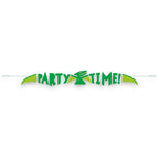 Banner decorativo PartyStore con diseño de dinosaurio verde y azul y el texto Party Time para fiestas infantiles