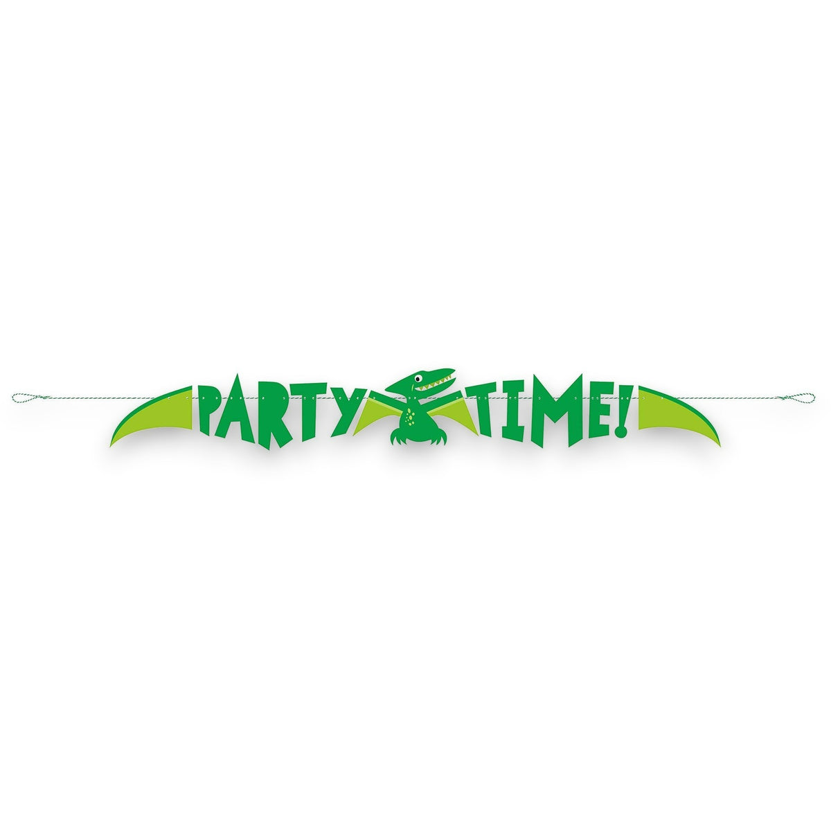 Banner decorativo PartyStore con diseño de dinosaurio verde y azul y el texto Party Time para fiestas infantiles
