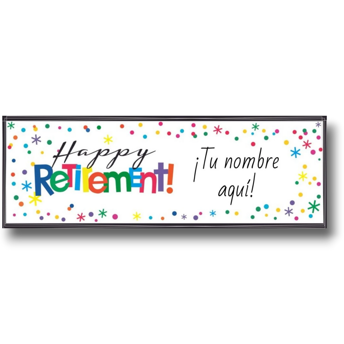 Banner PartyStore de Feliz Retiro personalizable con confeti colorido y tipografía festiva sobre fondo blanco