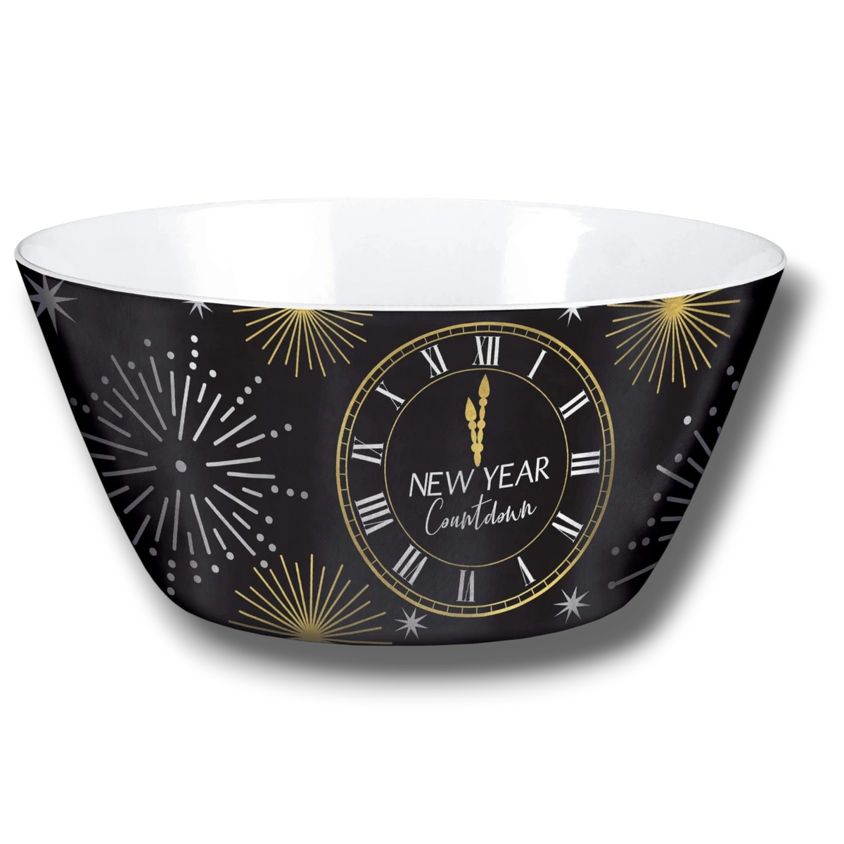 Bol de fiesta PartyStore negro con diseño de reloj de cuenta regresiva para Año Nuevo y detalles de fuegos artificiales