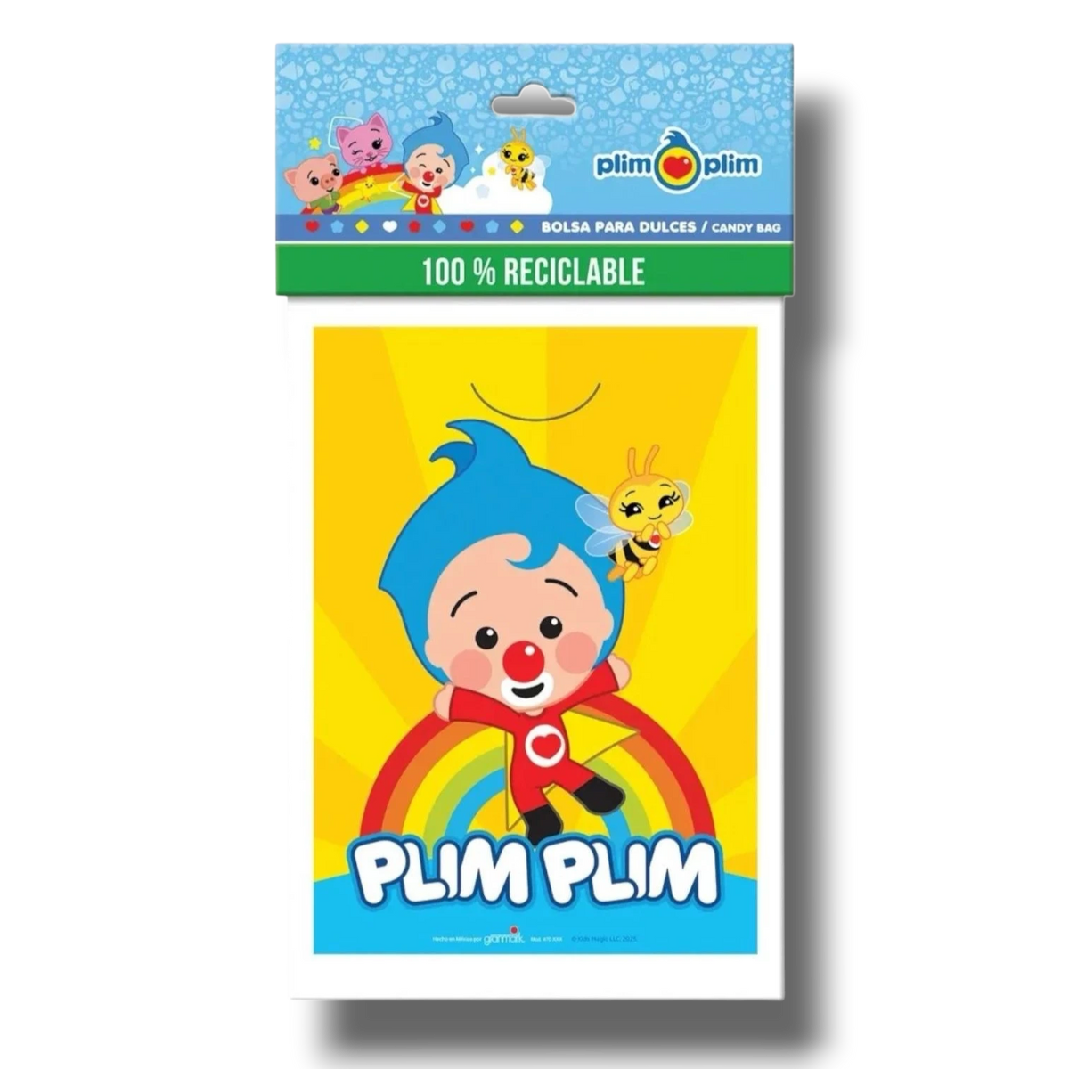 Bolsa para dulces PartyStore con diseño colorido de Plim Plim, arcoíris y abeja, ideal para fiestas infantiles.