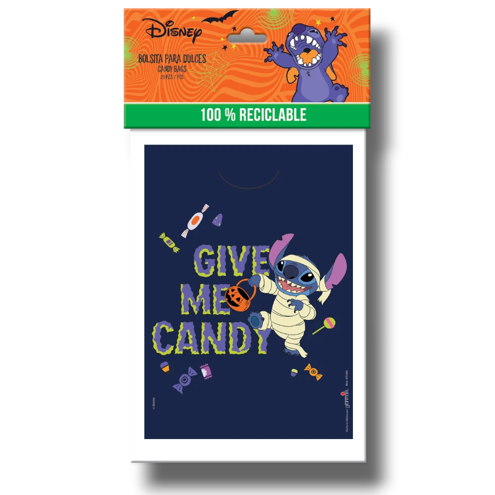 Bolsa de dulces PartyStore con diseño de Stitch momia de Halloween y texto Give Me Candy sobre fondo azul oscuro