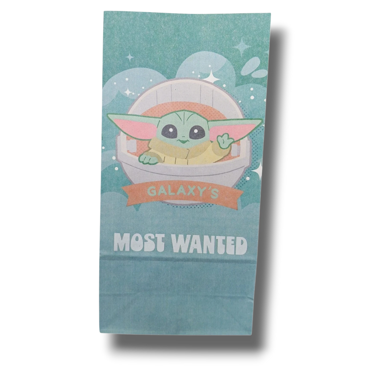 Bolsa de papel PartyStore con diseño de Grogu de The Mandalorian y texto Galaxy's Most Wanted en color azul claro