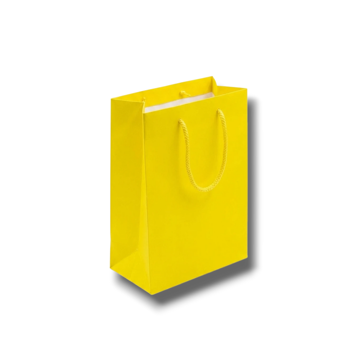 Bolsa de regalo PartyStore color amarillo brillante con asas de cuerda, ideal para perfumería y detalles pequeños.