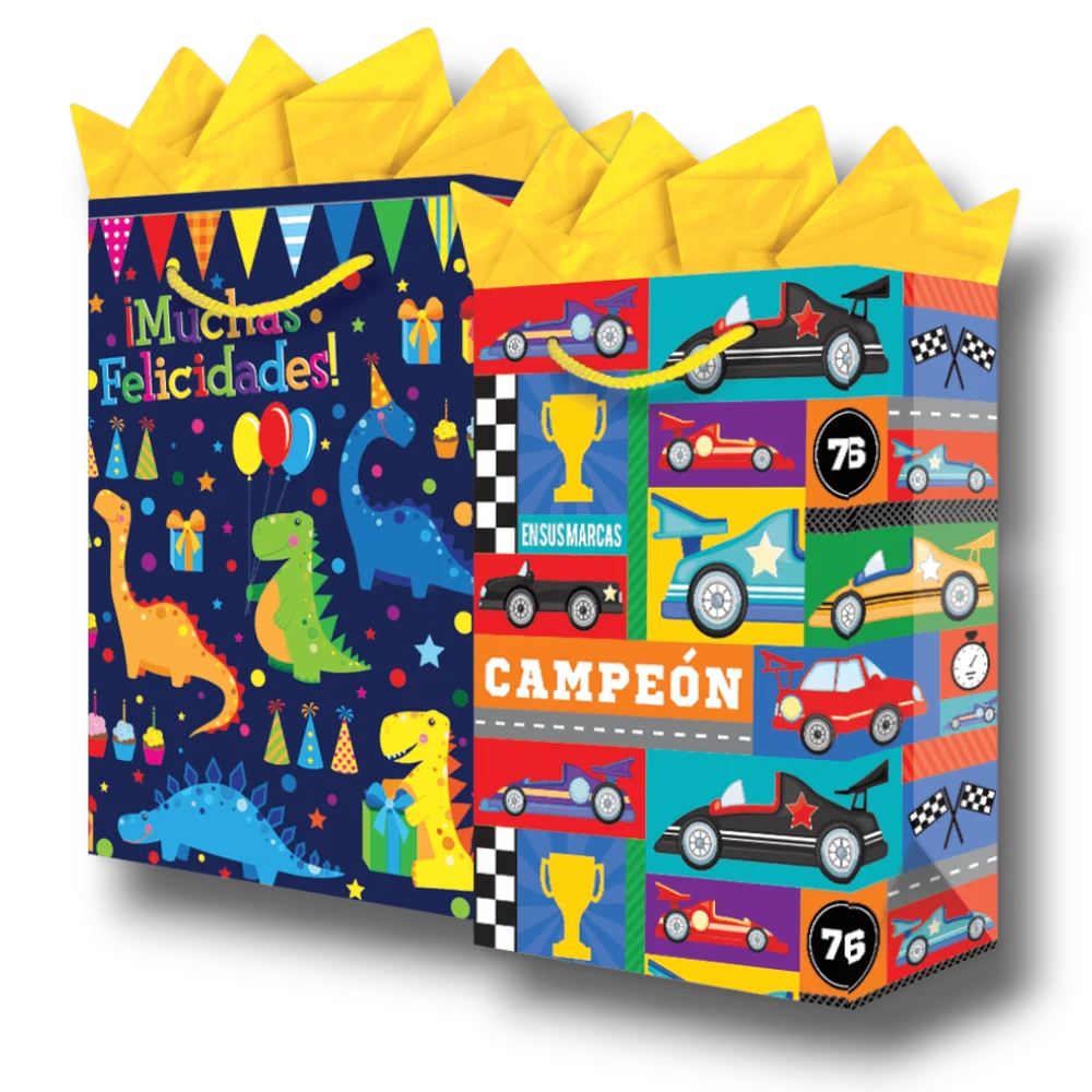 Bolsa de regalo grande PartyStore con diseño de dinosaurios coloridos y coches de carreras estilo neón
