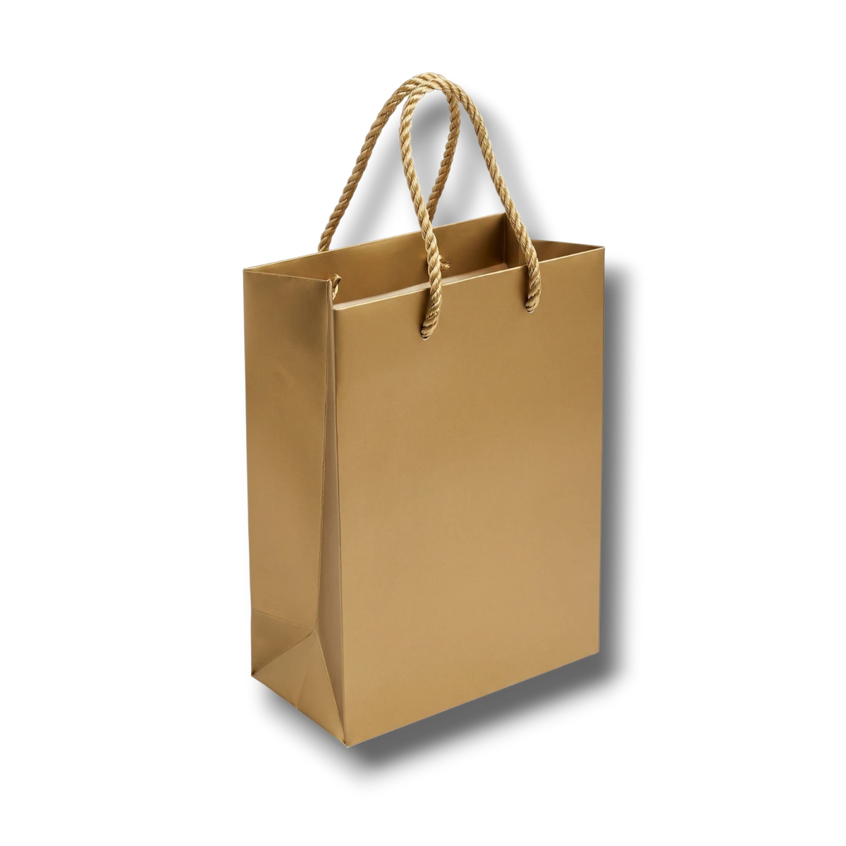 Bolsa de regalo PartyStore dorada con acabado metálico y asas de cuerda trenzada, 27cm de alto