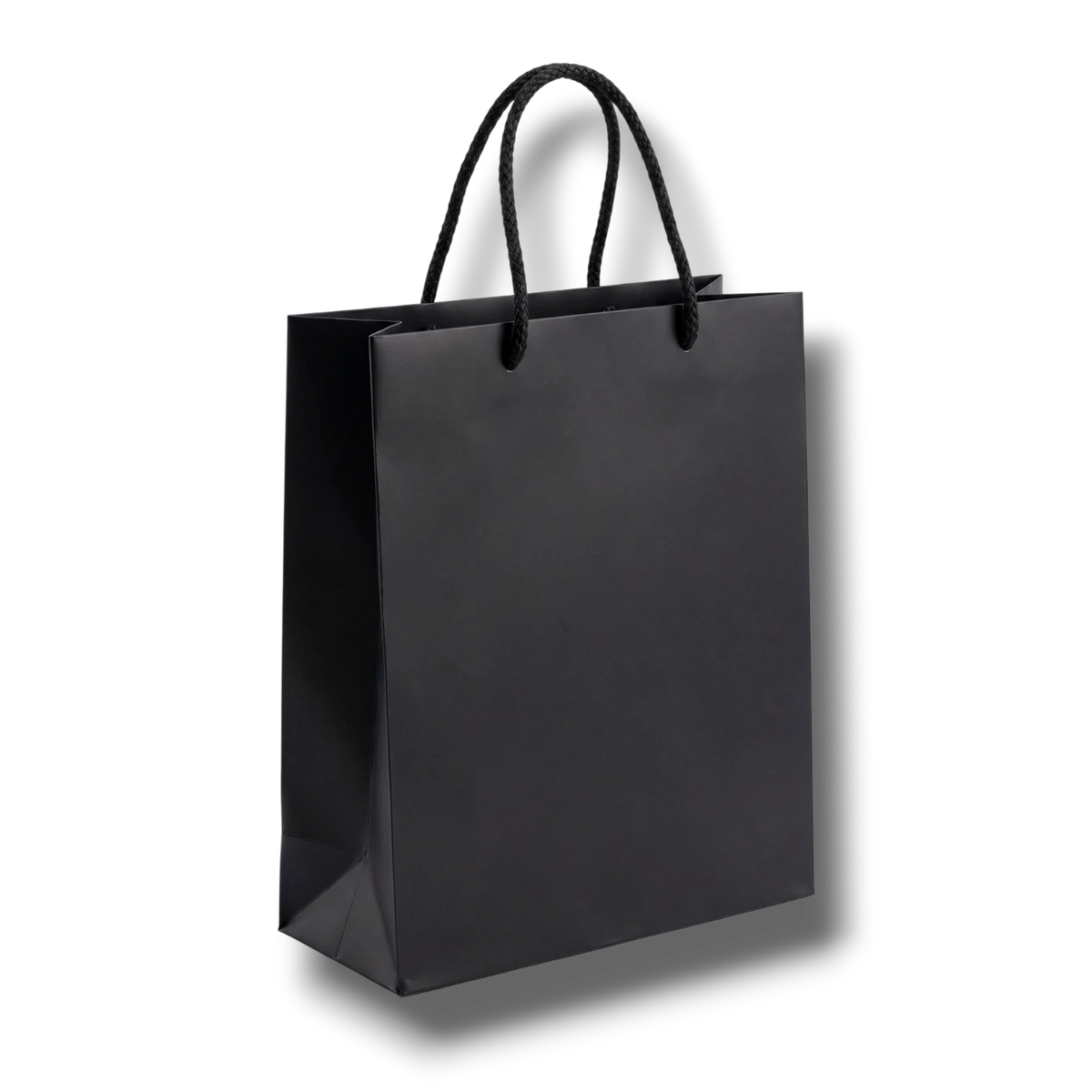 Bolsa de regalo mediana negra de PartyStore con asas de cuerda trenzada sobre fondo blanco