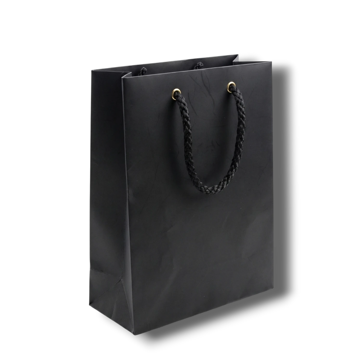 Bolsa de regalo PartyStore negra de papel con asas de cuerda trenzada y ojales dorados, 27cm de alto