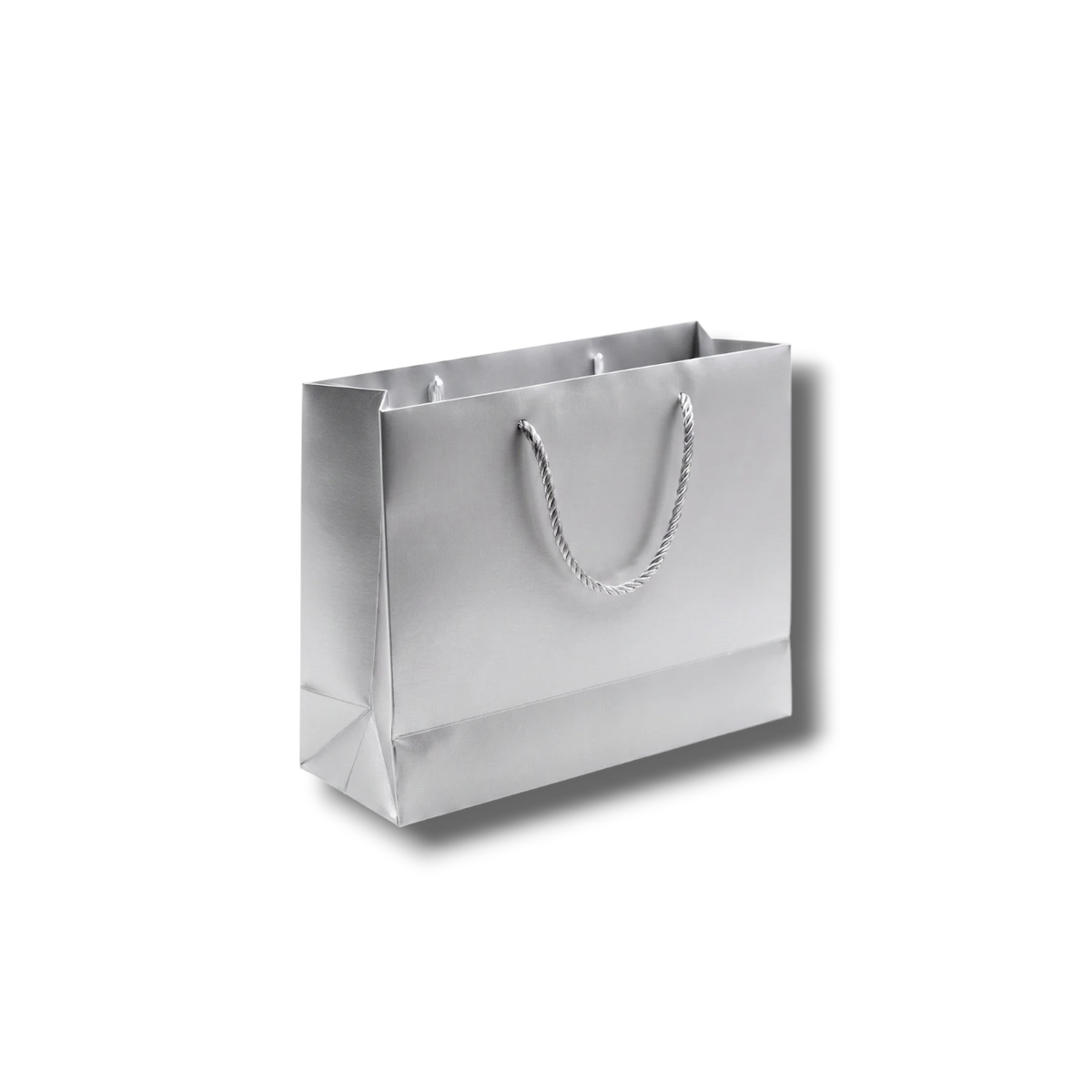 Bolsa de regalo PartyStore color plata con acabado brillante y asas de cuerda trenzada a juego