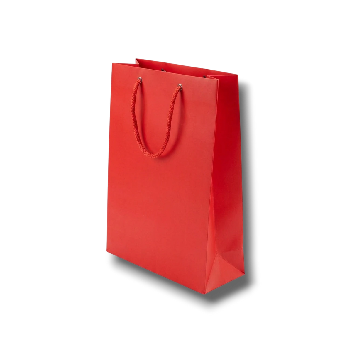 Bolsa de regalo roja PartyStore de 27x20x9 cm con asas de cuerda trenzada, ideal para obsequios elegantes.