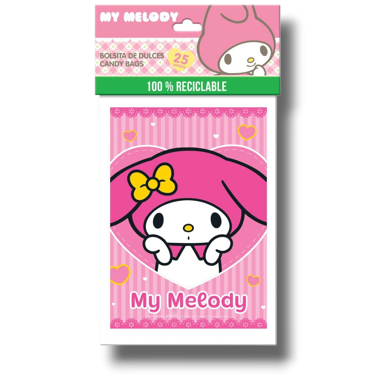 Paquete de 25 bolsas para dulces PartyStore con diseño de My Melody en color rosa con corazones y lazo amarillo
