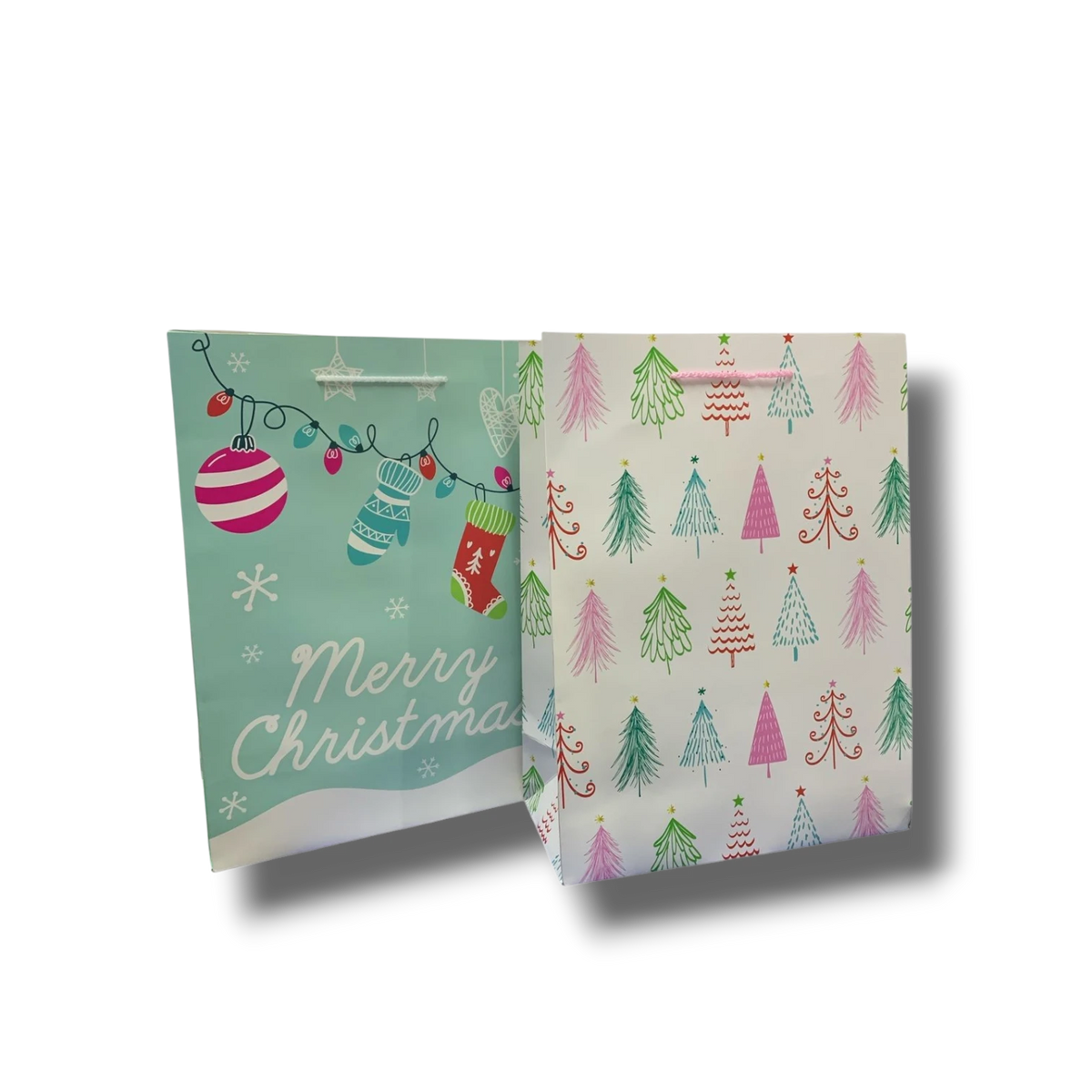 Bolsas de regalo PartyStore con diseño navideño de pinos, esferas y calcetines en tonos pastel y blanco