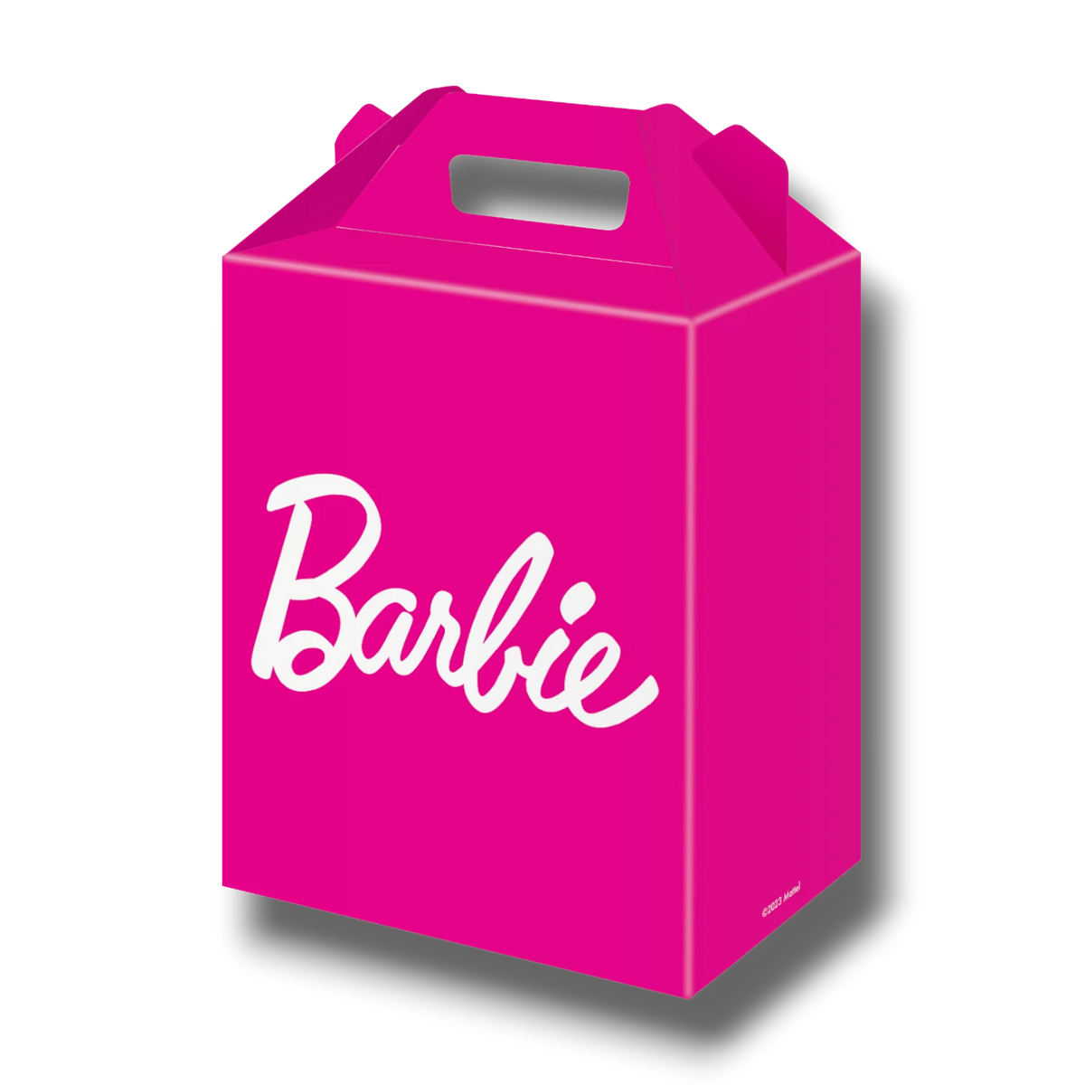 Caja para dulces PartyStore de color rosa intenso con el logotipo de Barbie en blanco, ideal para fiestas infantiles.