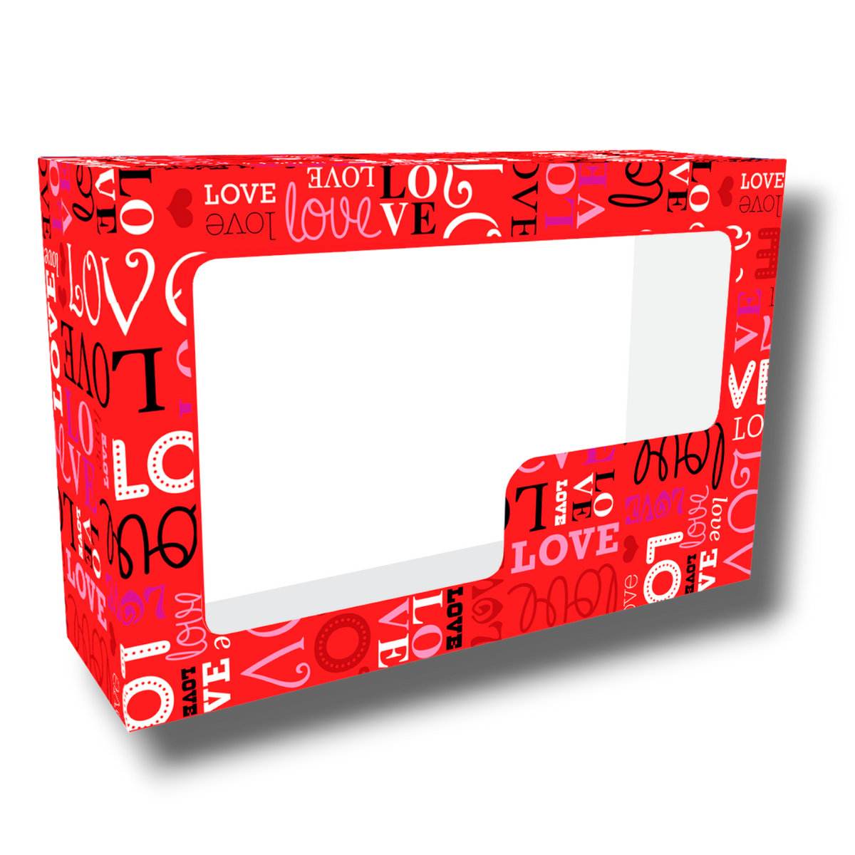 Caja lunch PartyStore roja con estampado de corazones y la palabra Love en varios estilos y colores