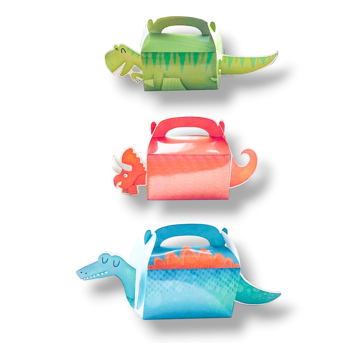 Set de 3 cajas de dulces PartyStore con diseños de dinosaurios coloridos en verde, rojo y azul para fiestas infantiles
