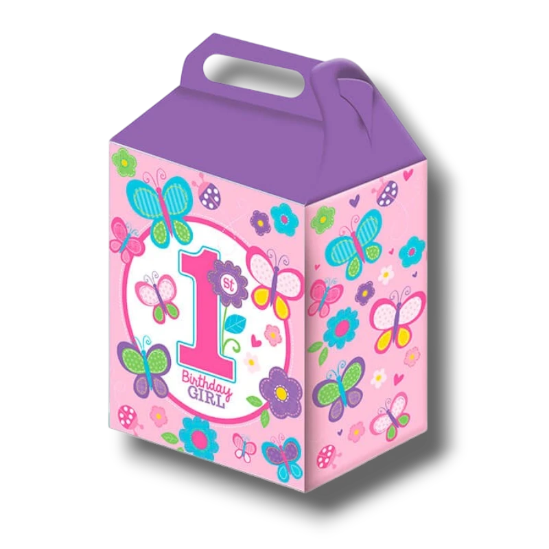 Cajita para dulces PartyStore de primer año para niña con diseño de mariposas y flores en tonos rosa y morado
