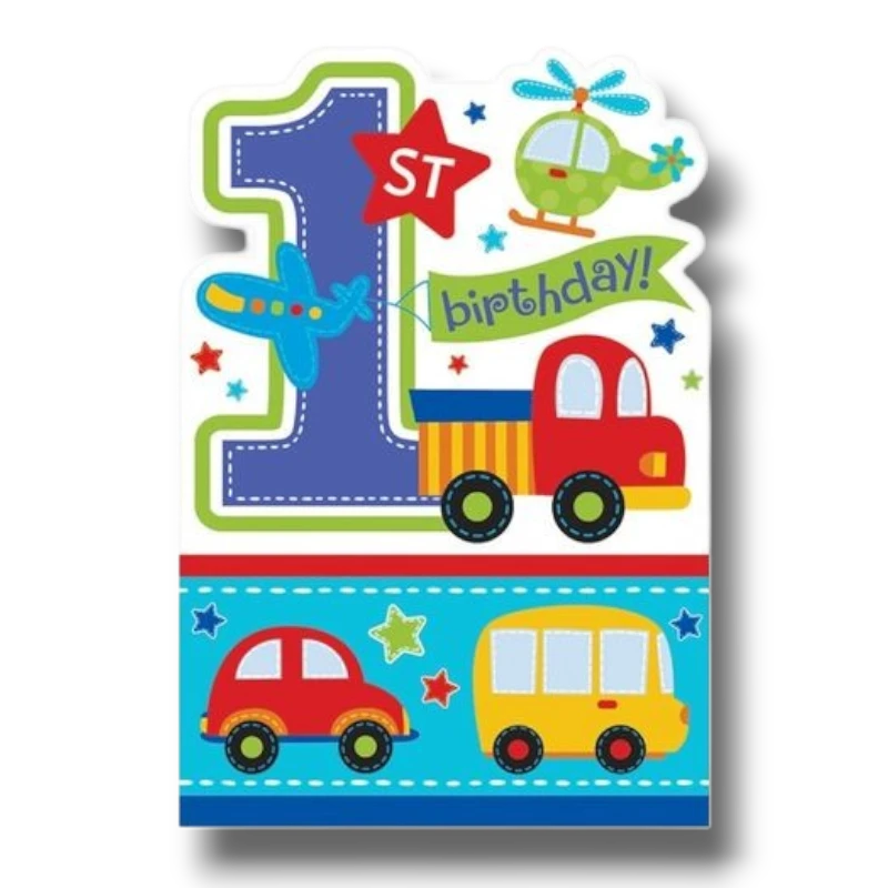 Cajita de dulces PartyStore para primer cumpleaños con diseño de vehículos coloridos, avión, helicóptero y camión