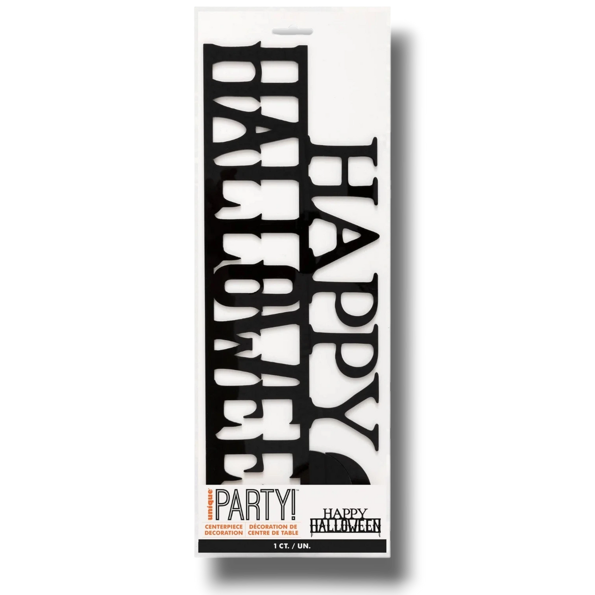 Centro de mesa PartyStore de acrílico negro con el texto Happy Halloween en tipografía elegante para decoración